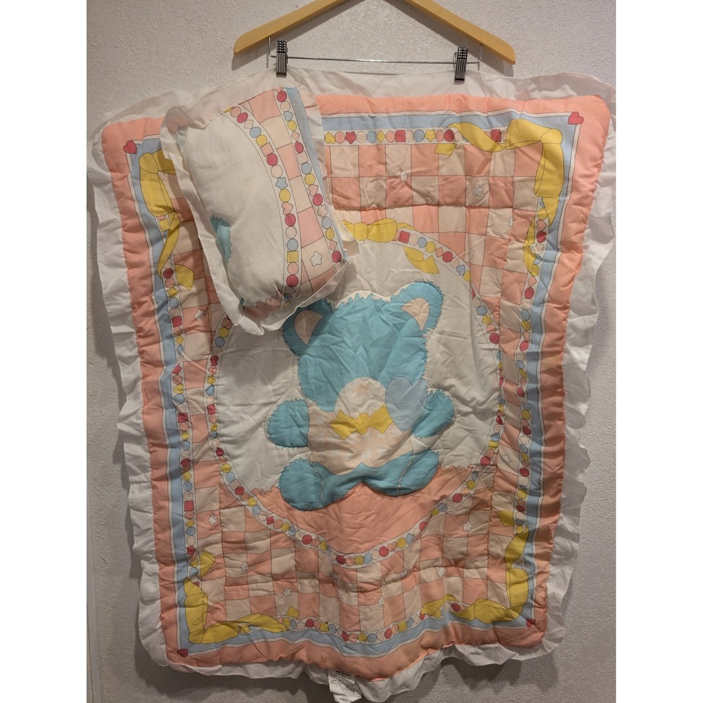 Vintage‎ Baby Quilt and Pillow Set Nursery Decor Teddy Bear Pastel Crib